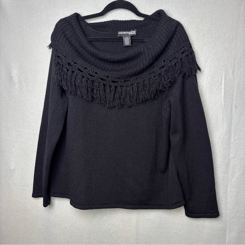Norton McNaughton Elegant Black Fringed Turtleneck Sweater‎
